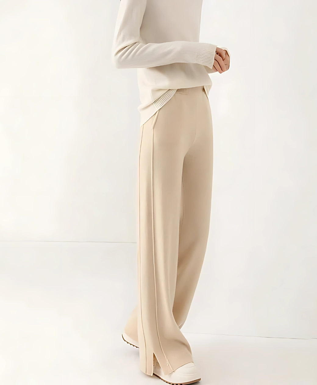 Buttermilk Beige Double Seam Side Slit Wide-Leg Trousers | Rang Sitaray