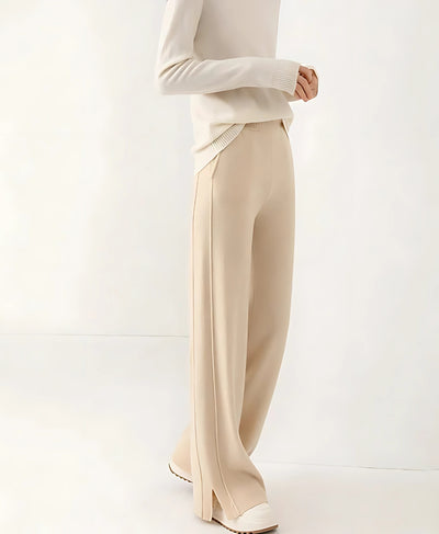 Buttermilk Beige Double Seam Side Slit Wide-Leg Trousers | Rang Sitaray