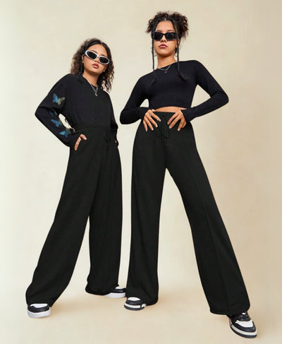 Black Front Seam Wide-Leg Trouser – Rang Sitaray | Soft French Terry (Pre-Order)