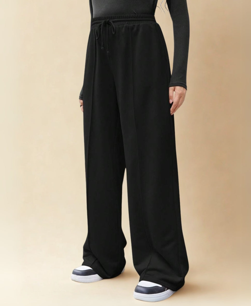 Black Front Seam Wide-Leg Trouser – Rang Sitaray | Soft French Terry (Pre-Order)