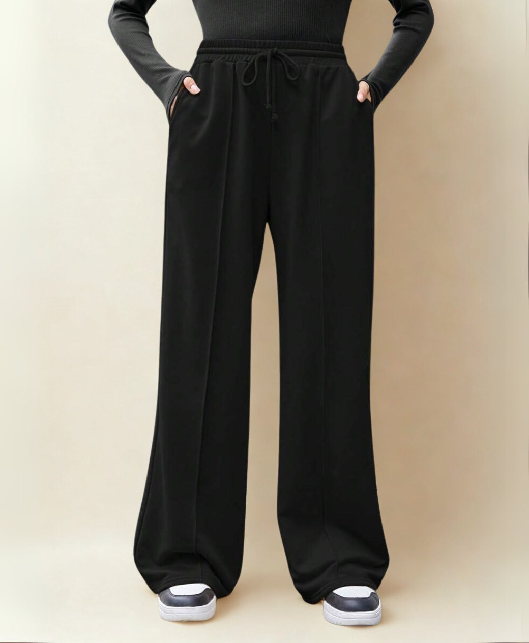 Black Front Seam Wide-Leg Trouser – Rang Sitaray | Soft French Terry (Pre-Order)