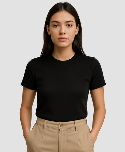 Fitted Black Ribbed Round Neck T-Shirt for Women – Summer Basic Tee | Rang Sitaray